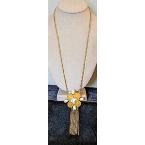 Yellow Gumdrop Pearl Gold Tone Tassel Statement Necklace